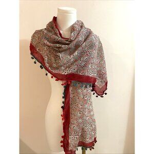 Sudha 100% Cotton Scarf Wrap Shawl Colorful Floral Pom Pom Fringe 20X70" Boho